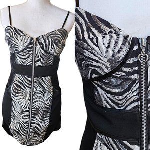 Y2K 4 Zebra Print Black Silver Bodycon Mini Dress Full‎ Zip Pockets